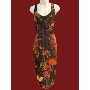 Pretty Little Thing Floral Corset Bodycon Midi Dress Black Red Gold Vintage Y2K